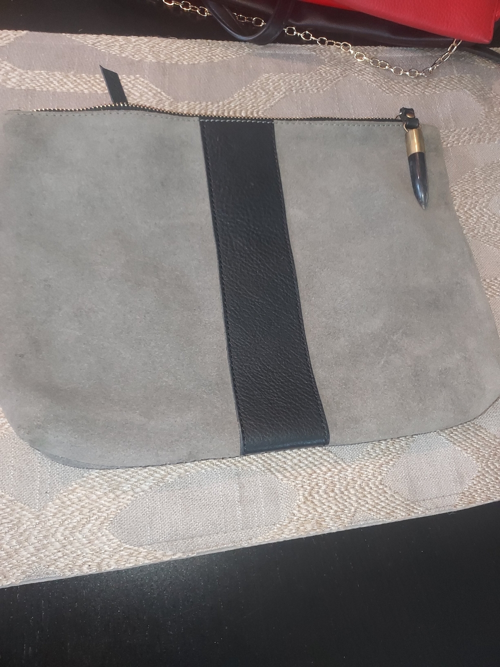 KEMPTON & CO. Gray Suede Clutch with Black Leather Stripe